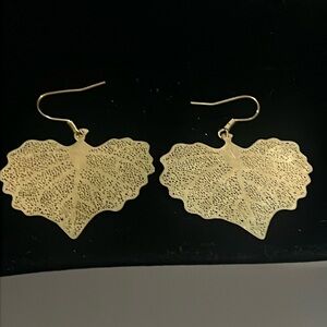 Cottonwood skeleton leaf drop earrings gold dipped